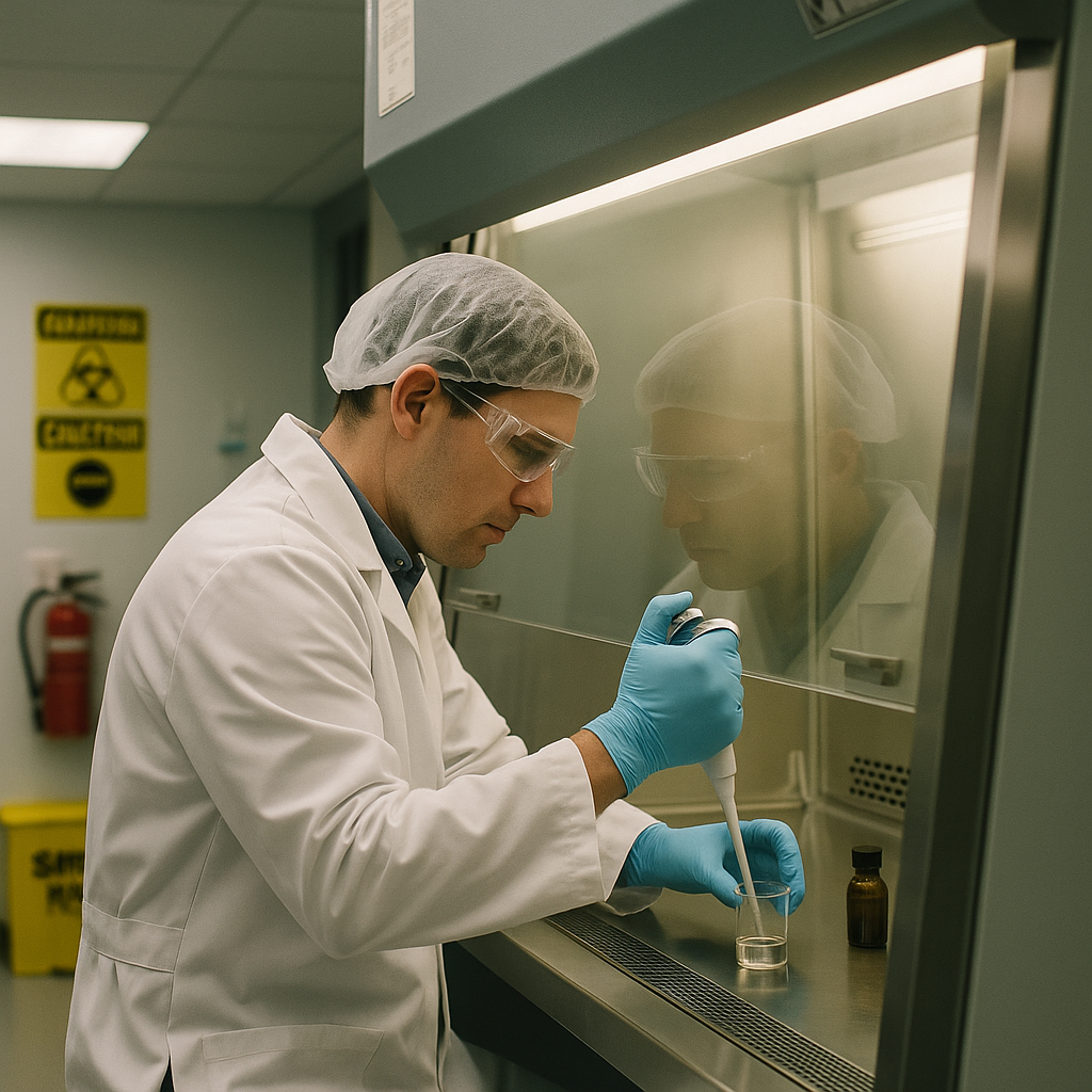 Scientist at Work in High-Tech Laboratory Scientist in lab coat and safety gear working in a high-tech laboratory fume hood with safety signs and equipment visible nearby.