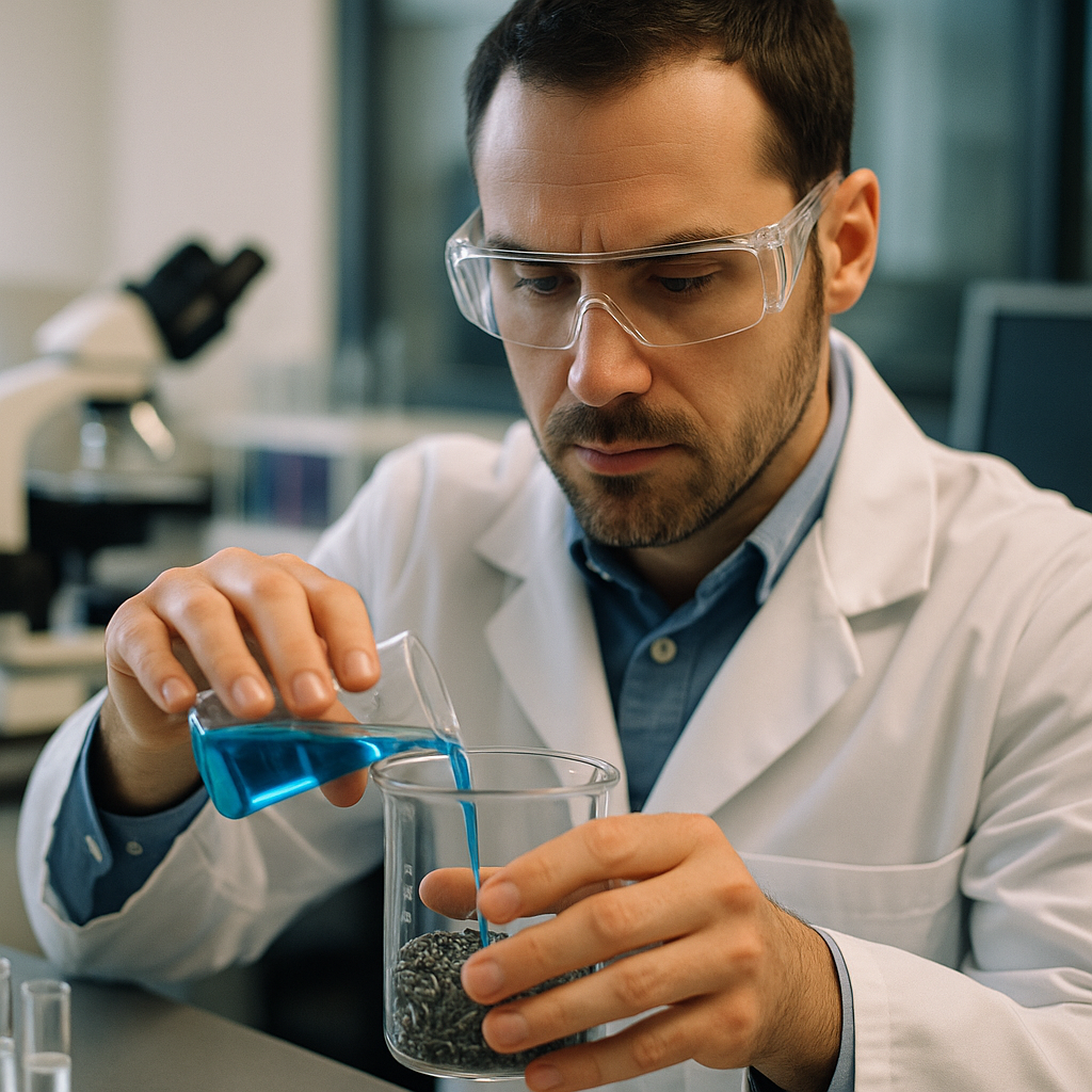 Scientist pouring blue chemical solution over shredded magnets in a glass beaker in a laboratory.