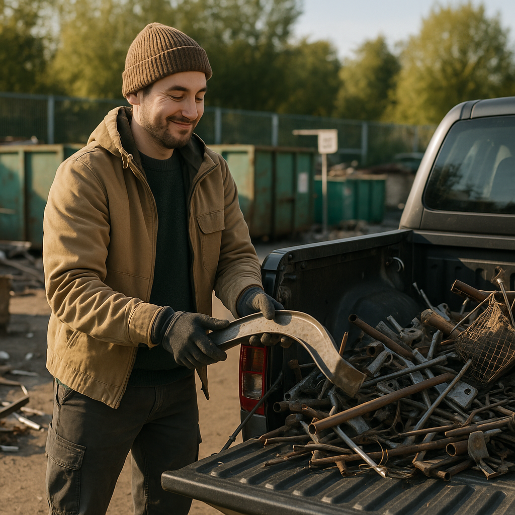 Person loading different types of scrap metal onto a truck at a recycling center, looking satisfied and environmentally conscious.