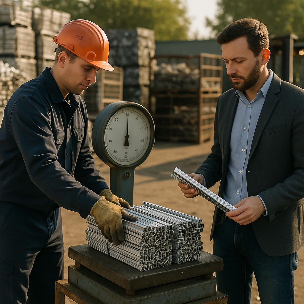 A scrap yard worker weighing clean bundles of extruded aluminum on an industrial scale, while a buyer evaluates the material quality on site.