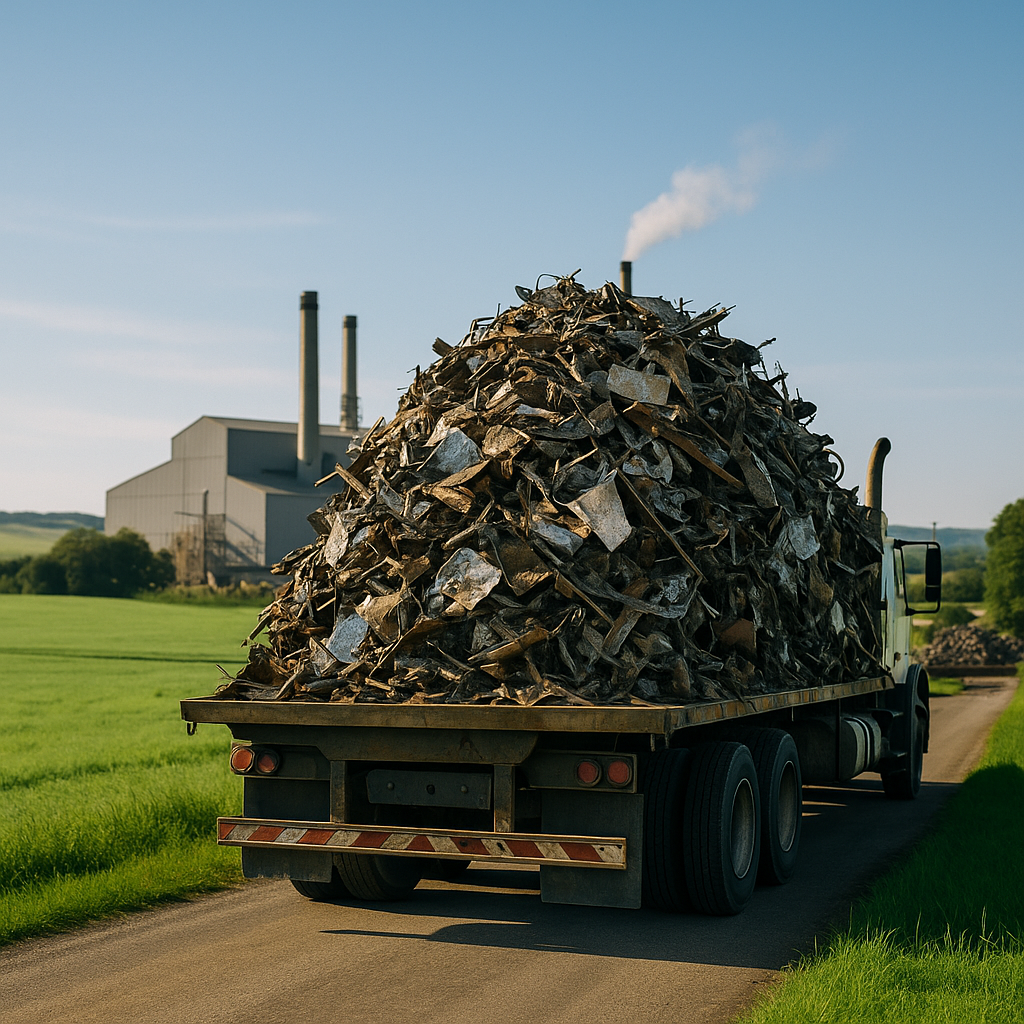 Large pile of scrap metal being transported with a factory in the background and a green landscape under a clear sky.