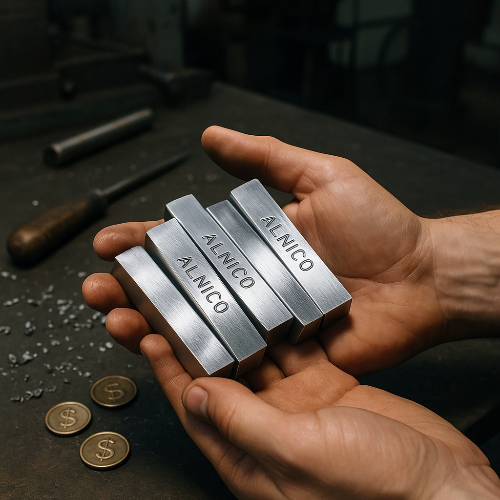 Hands holding shiny, freshly processed Alnico metal pieces under bright workshop lights with monetary symbols nearby