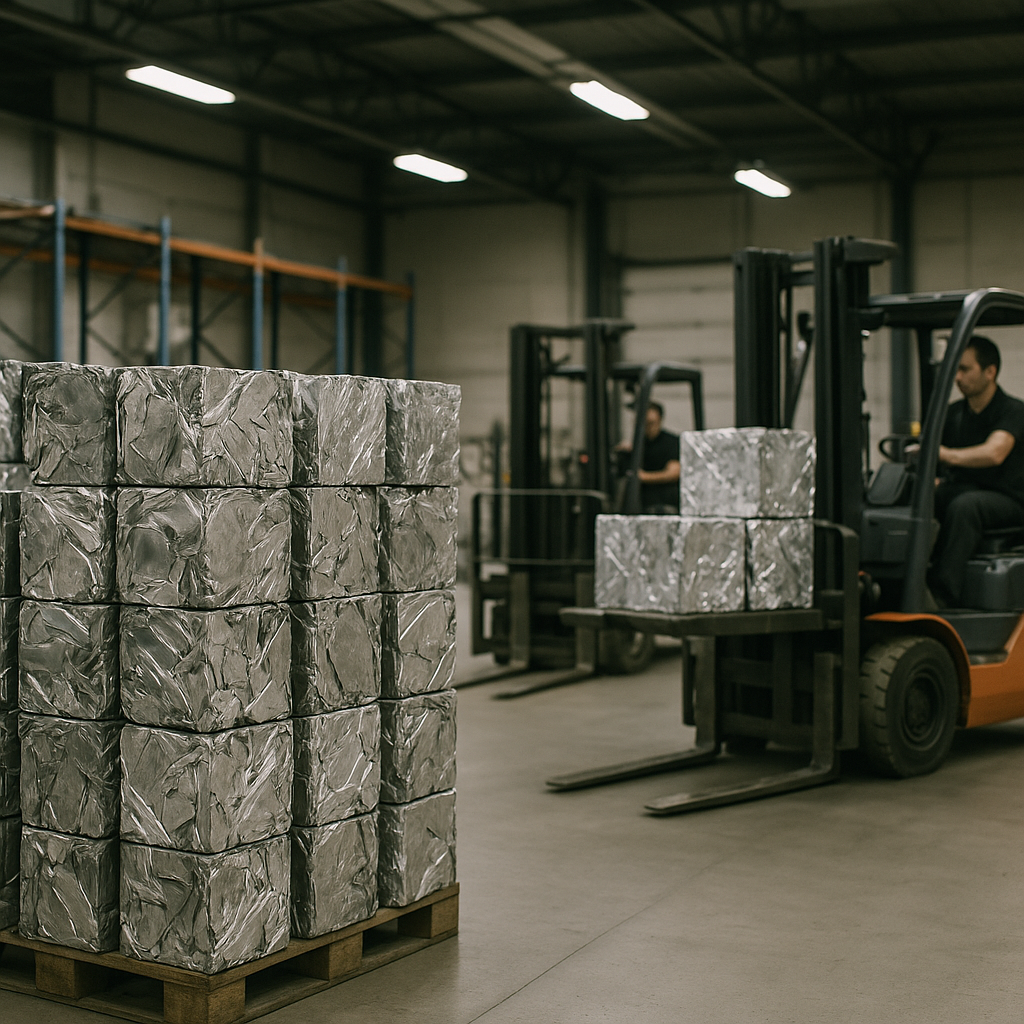 Industrial Warehouse with Compacted Metal Cubes Shiny compacted aluminum and steel cubes stacked in a warehouse with forklifts moving processed blocks in an industrial setting.