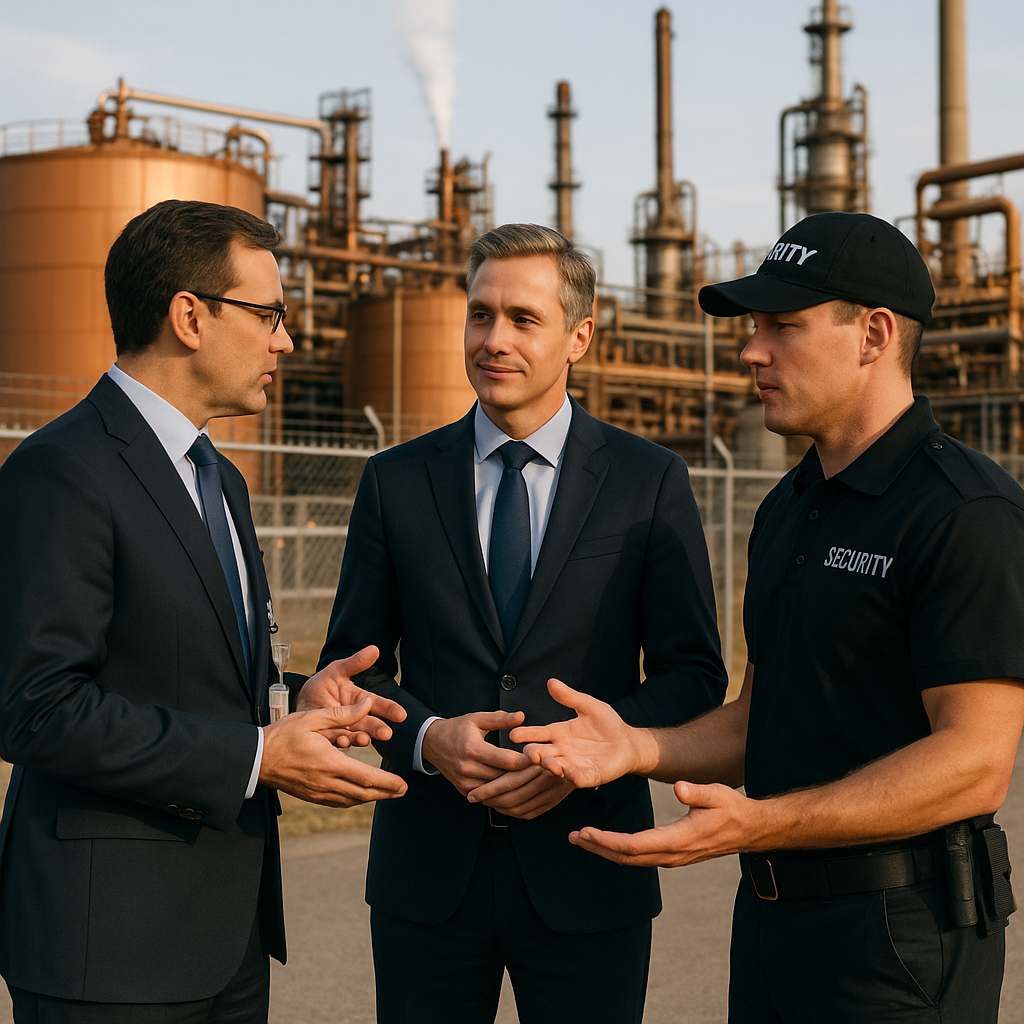 Smelter executive standing between a government official and a security officer in front of a copper refinery, symbolizing negotiation and cooperation.