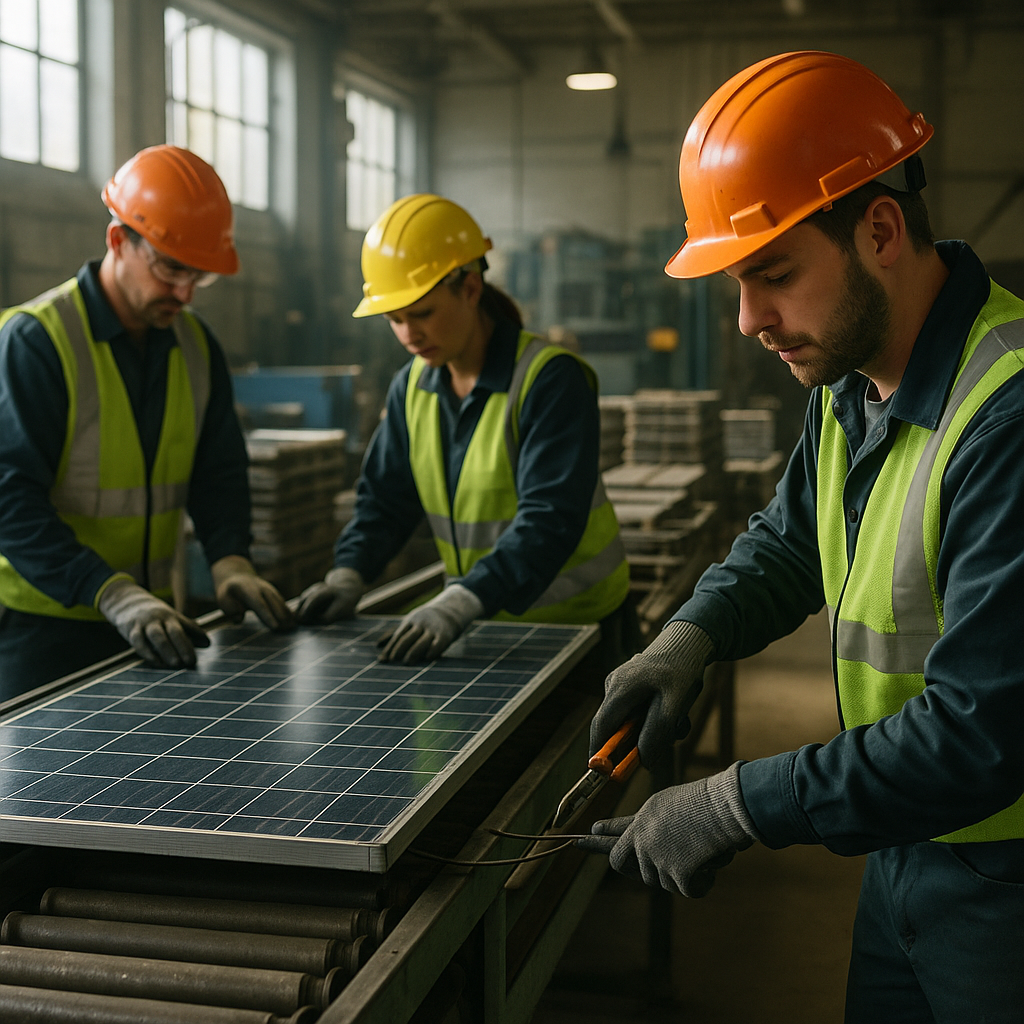 Workers in safety gear disassembling used solar panels on a conveyor belt in a recycling facility with sunlight filtering through large windows.