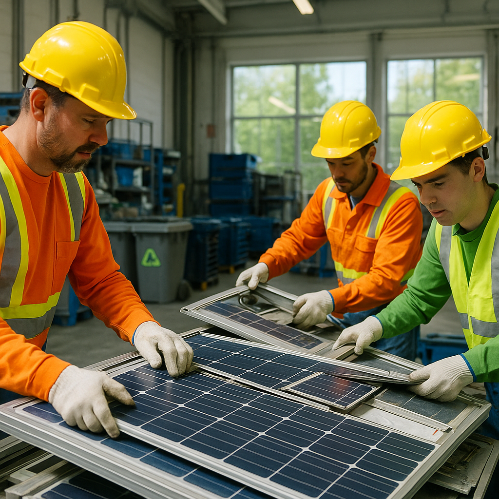 Workers carefully dismantling solar panels in a clean recycling facility with bright daylight streaming through the windows.