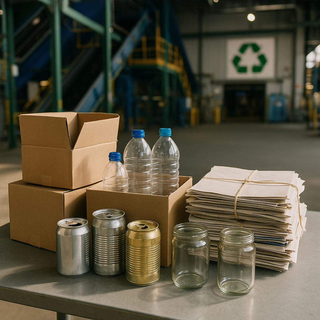 A variety of sorted recyclable materials on a table, including cardboard boxes, plastic bottles, aluminum cans, paper stacks, and glass jars in a brightly lit recycling facility.