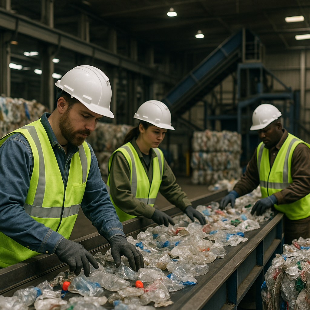 A pile of sorted plastic trash on a conveyor belt in a recycling facility, with workers in safety vests and some plastic bundled for landfill.