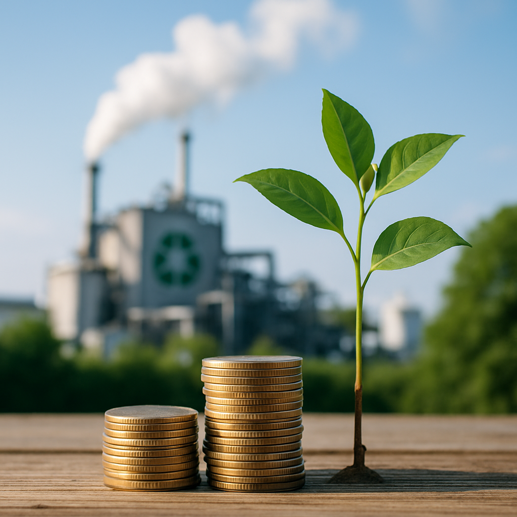 Sustainable Growth and Clean Energy Stacked coins with a lush green sapling on a table, and a recycling plant in the background emitting clean vapor in bright daylight.