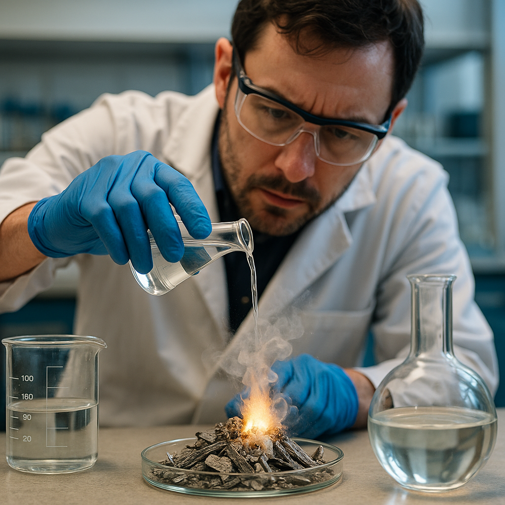 A technician pouring a chemical solution over a pile of metal scrap in a lab environment, showcasing glass containers and a chemical reaction.