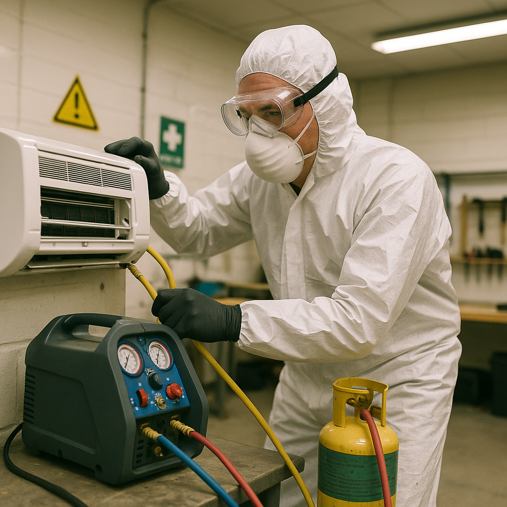 Technician in protective gear extracting Freon from an air conditioning unit with recovery equipment in an indoor workspace.