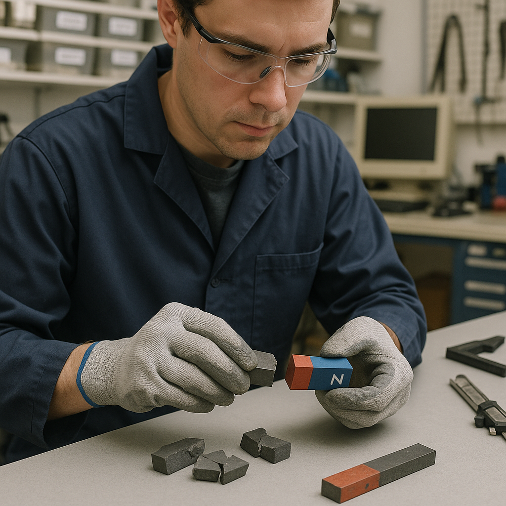Technician in safety gloves handling broken magnet pieces and reshaping them into new magnets in a clean laboratory.