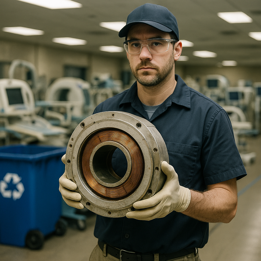 Technician with Used MRI Magnet Close-up of a technician holding a used MRI machine magnet in protective gloves at a hospital recycling facility, with medical equipment in the background.