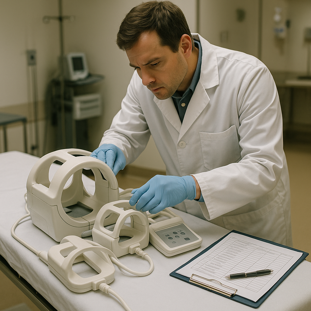 Technician Inspecting MRI Equipment Technician inspecting MRI coils and control panels on a hospital table with notes and a checklist nearby.