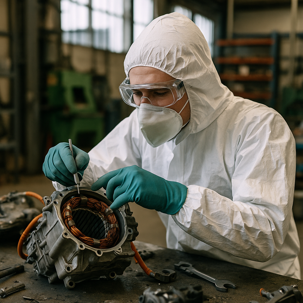 Inspection of Electric Vehicle Motor in Workshop Technician in protective gear inspecting dismantled electric vehicle motor in an industrial workshop, surrounded by advanced recycling equipment.