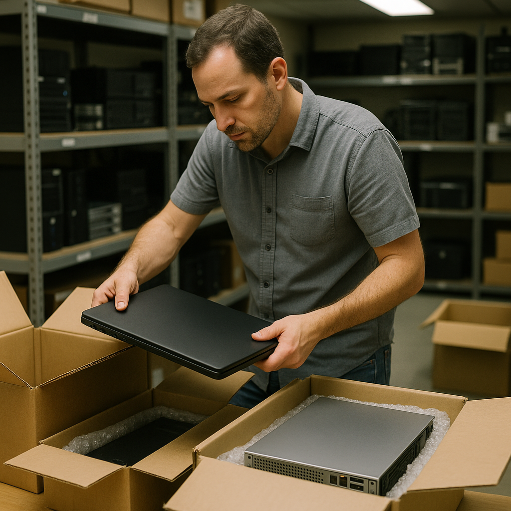 Technician inspecting and packing laptops and servers into protective boxes in a storage area.