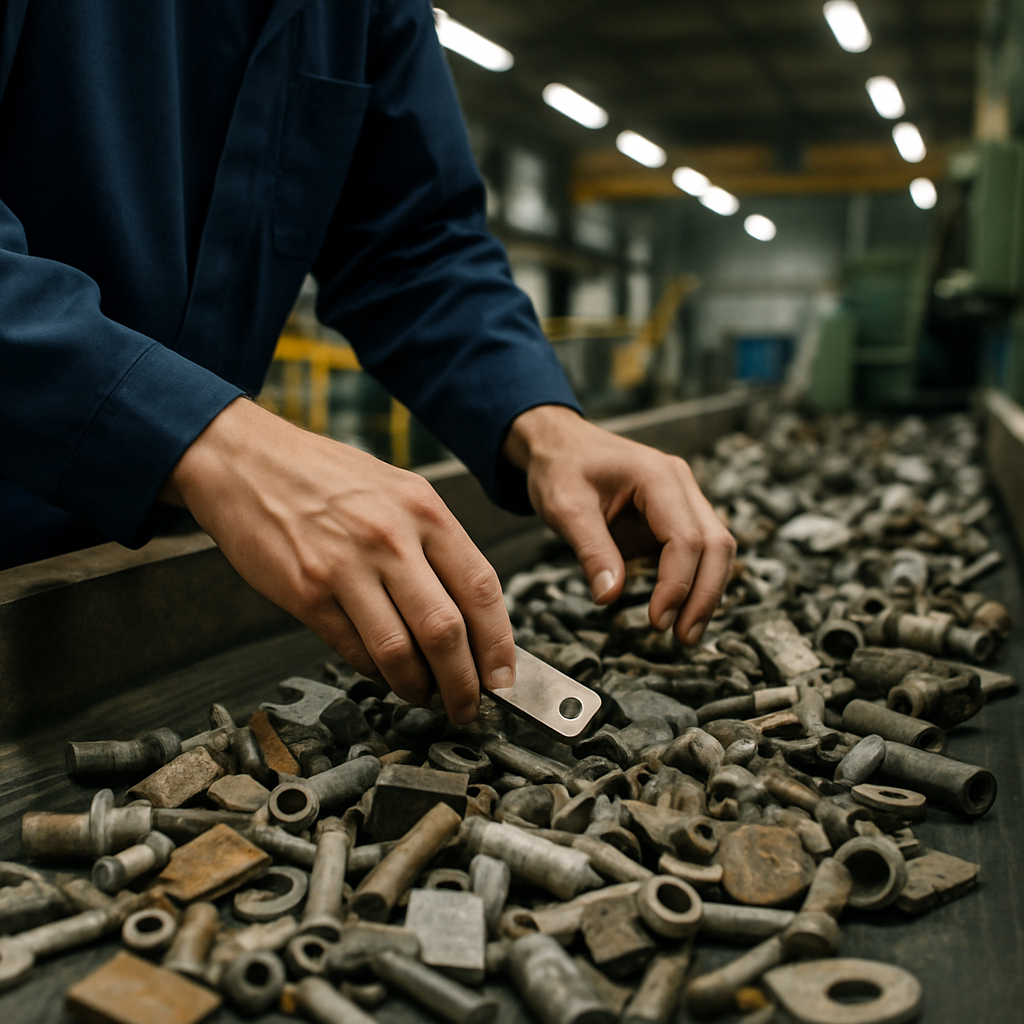 Technician Sorting Scrap Metal Close-up of a technician's hands sorting mixed scrap metal pieces on an industrial conveyor belt with a factory background.