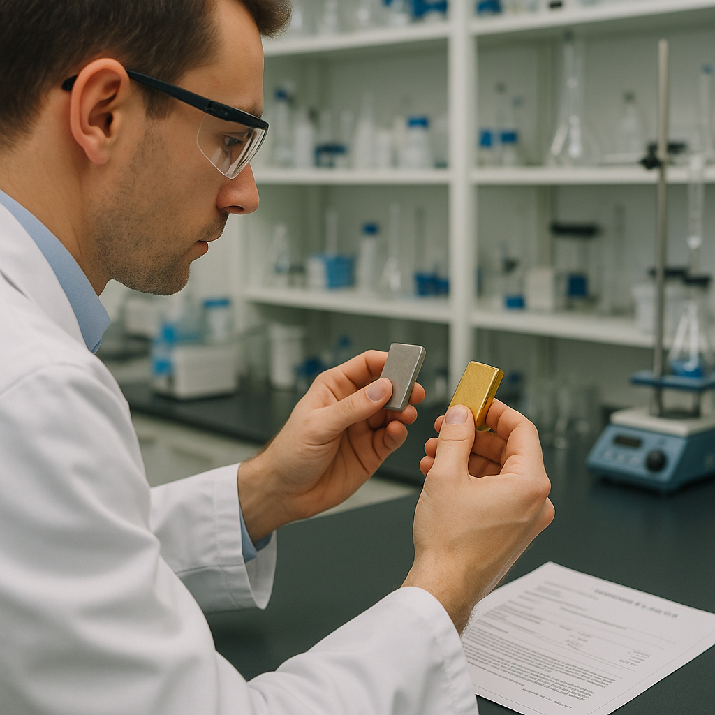 Gold Sample Comparison in Laboratory A technician comparing a gold sample to a reference standard in a clean, well-lit laboratory with official documentation on the desk.