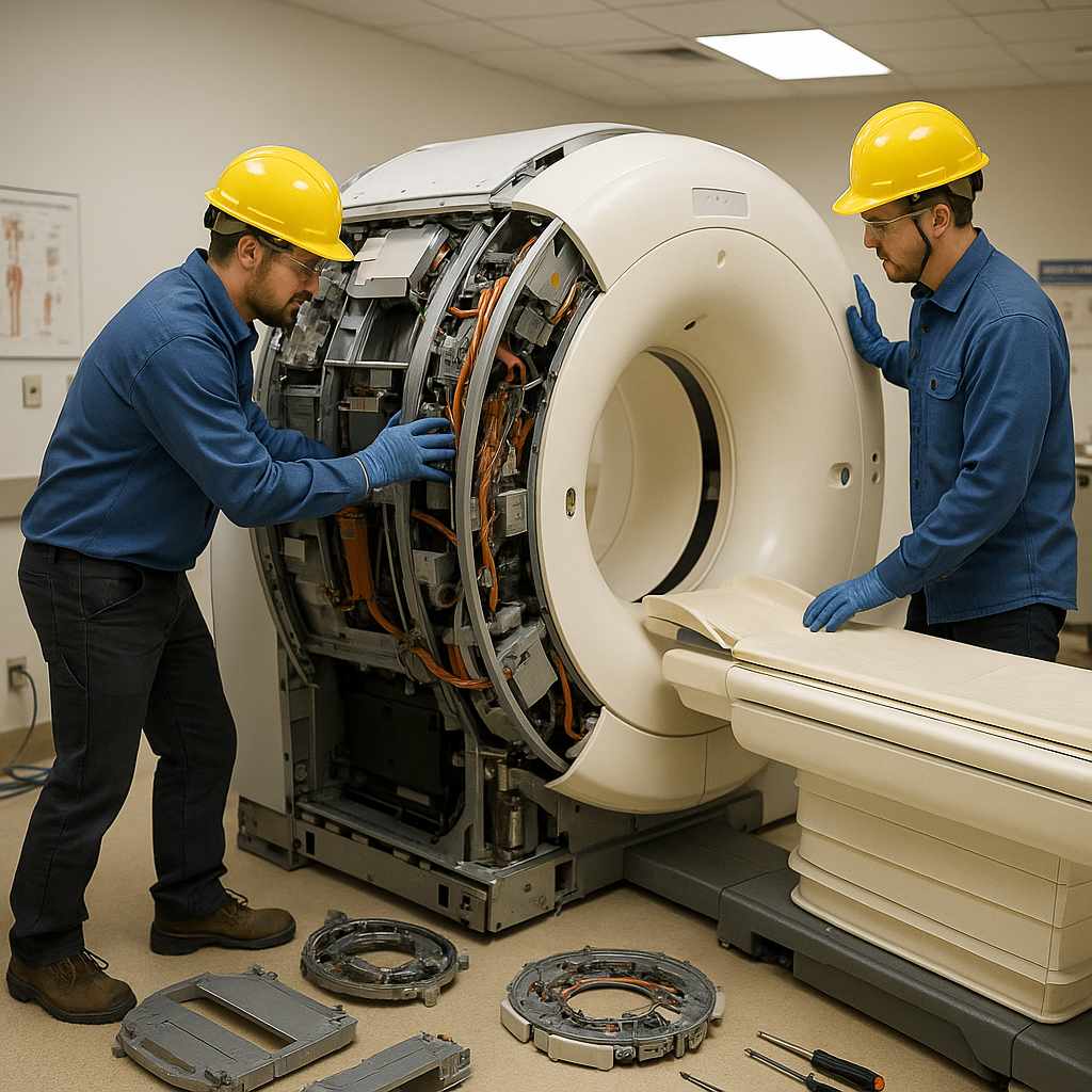 Dismantling MRI Machine in Hospital Technicians in safety gear dismantling a large MRI machine in a hospital room with organized parts on the floor under bright medical lighting.