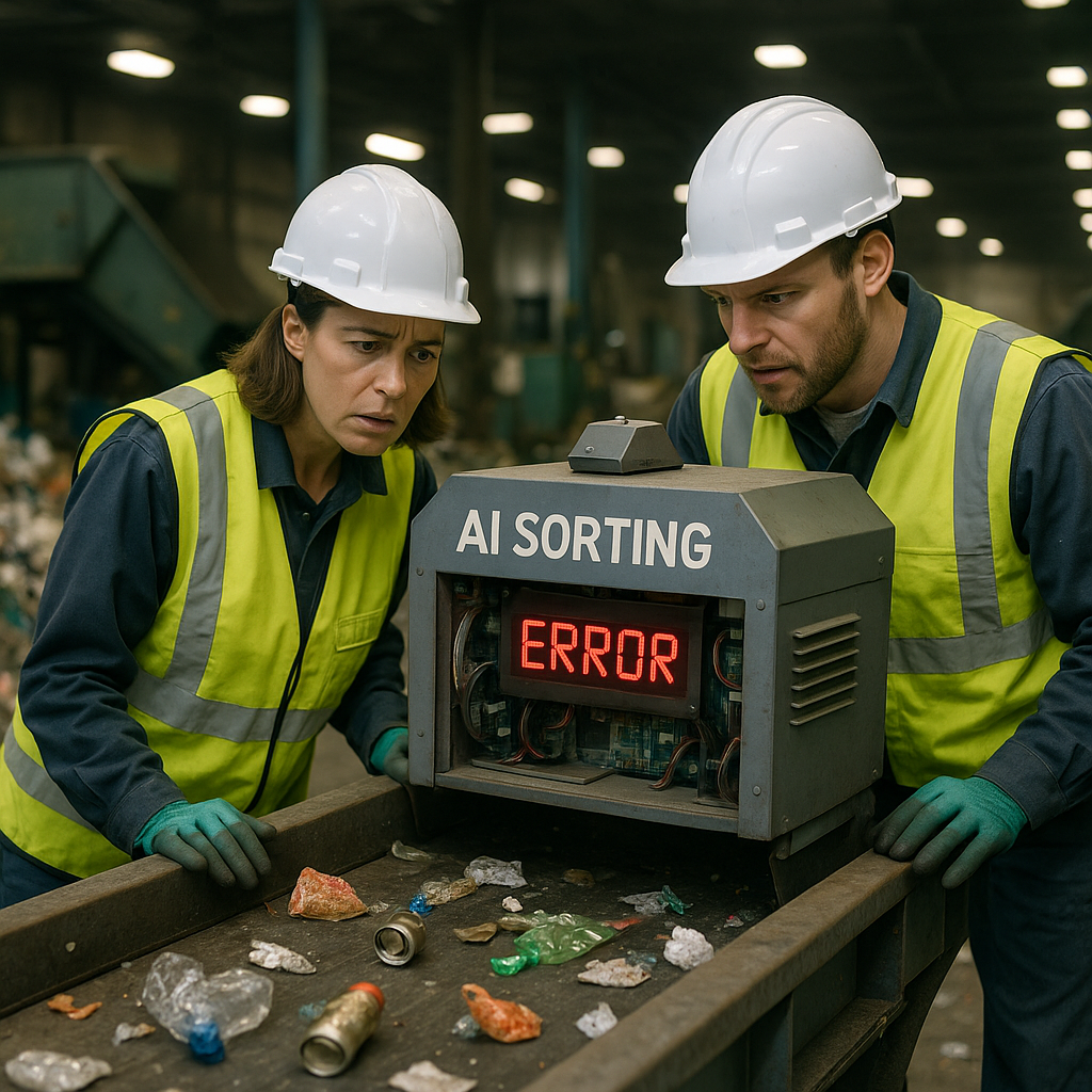 Technicians Examining Malfunctioning AI Sorting Machine Technicians in safety vests examining a malfunctioning AI sorting machine in a recycling plant, showing concern. Scattered recyclables around them.