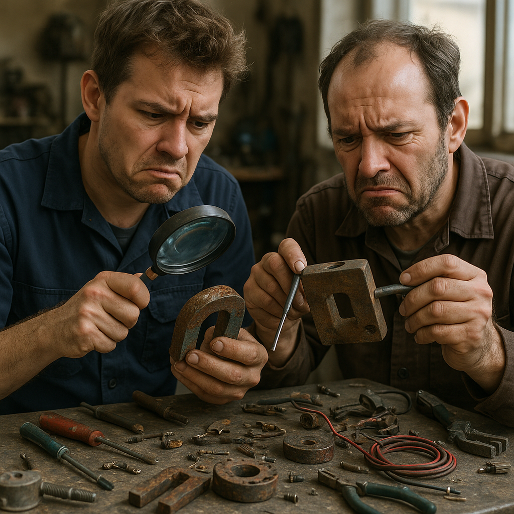 Technicians Examining Worn Alnico Magnets Technicians examining worn and corroded Alnico magnets with specialized tools on a cluttered workbench.