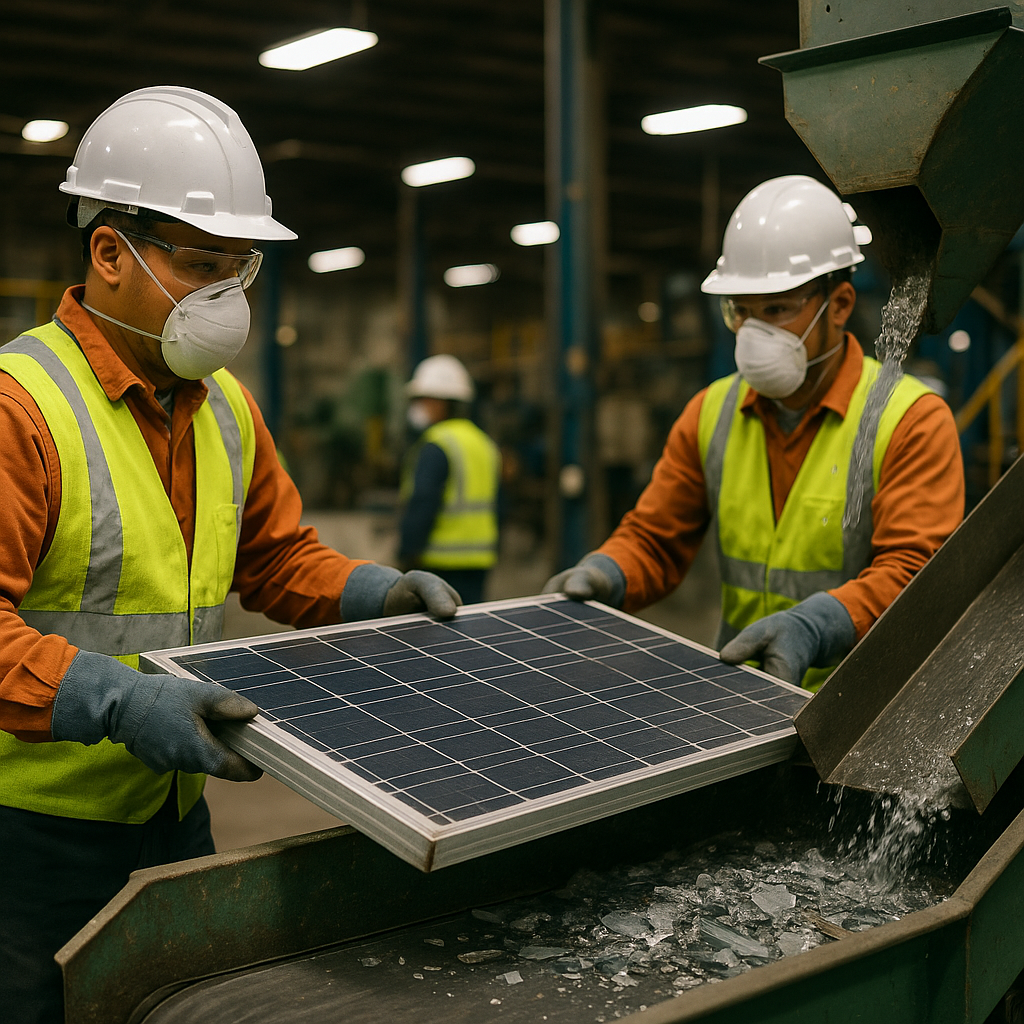 Technicians in protective gear loading old solar panels onto a conveyor belt in an industrial recycling plant, with machinery separating glass and metals.