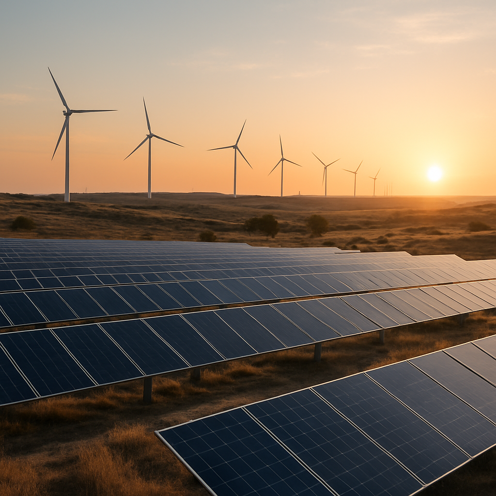 Vast Texas landscape featuring solar farms and wind turbines at sunrise, symbolizing a bright future.