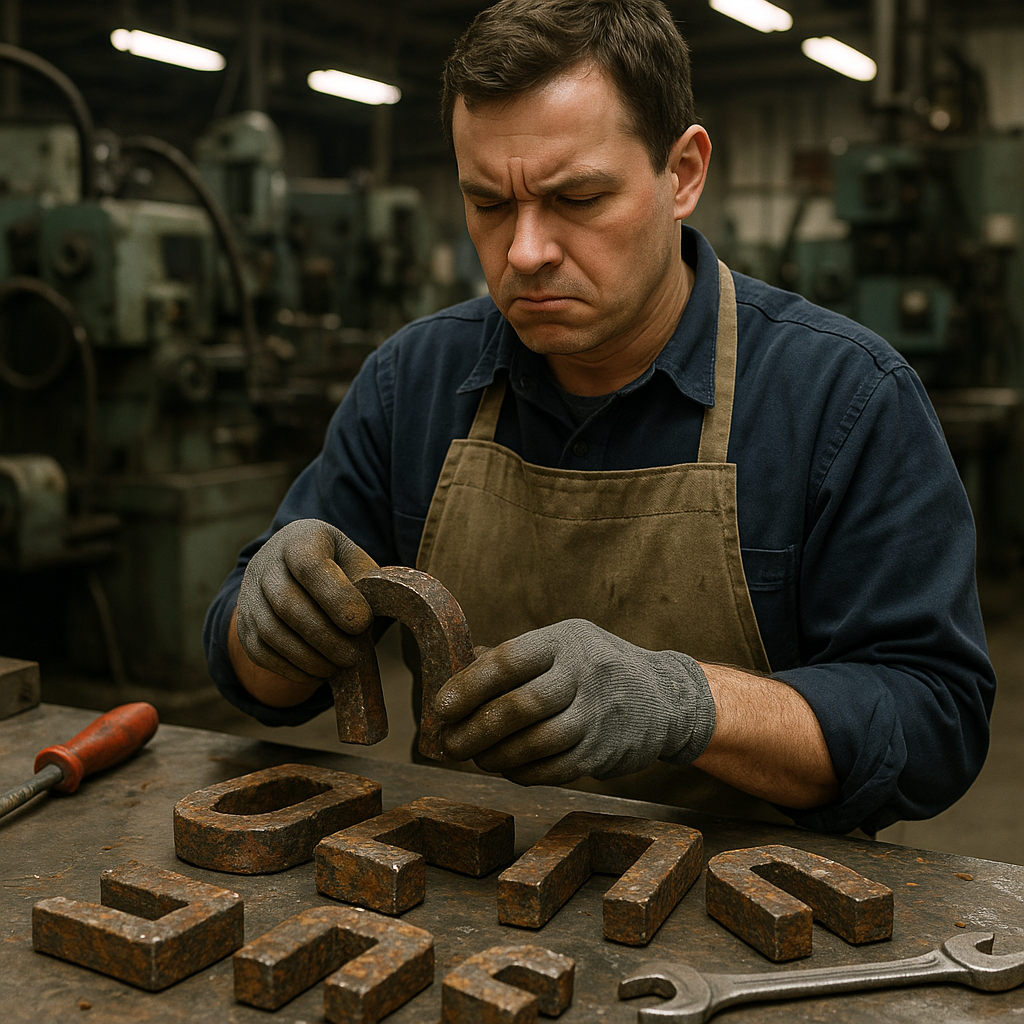 Inspection of Corroded Alnico Magnets A worker inspecting damaged and corroded Alnico magnets on a cluttered work table, with a frowning expression and complex machinery in the background.