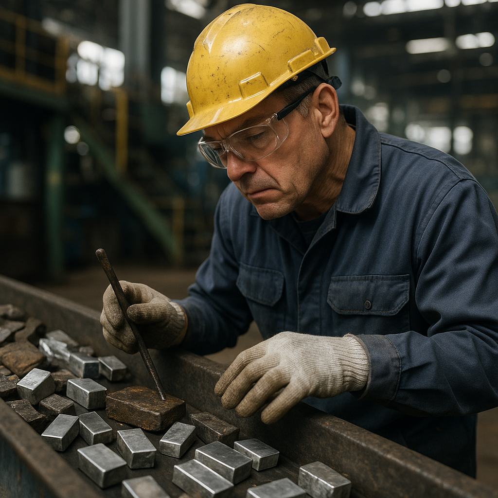 Worker inspecting metal pieces on a conveyor belt, revealing a mix of clean and dirty scrap metal in an industrial setting.