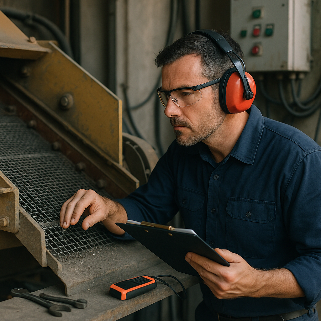 Worker inspecting mesh size and screen vibration on a machine with measuring equipment nearby.