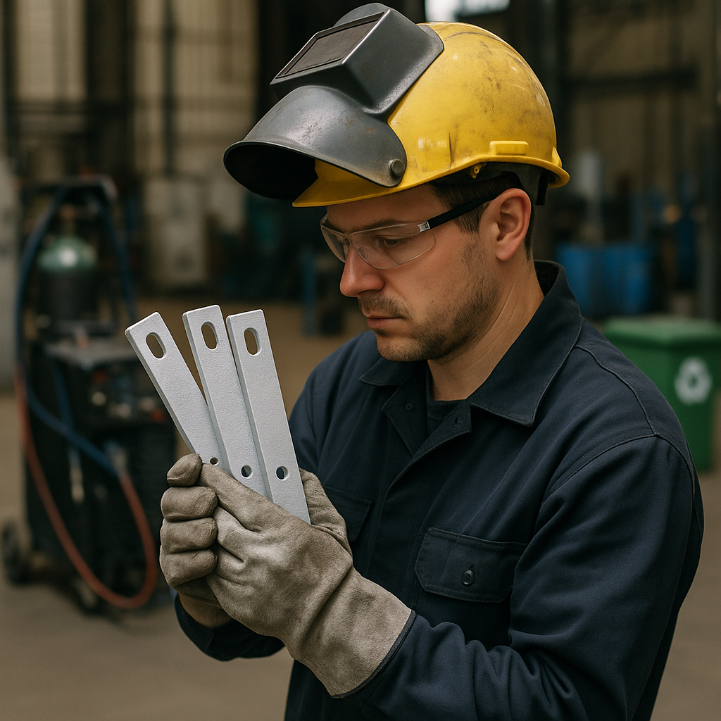 Worker wearing protective gear examining metal parts with white zinc coating, in a factory setting with welding equipment and recycling bins.