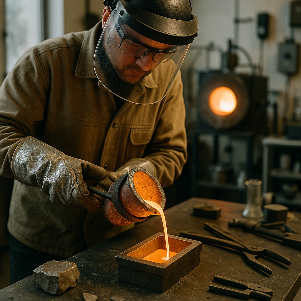 Worker Pouring Molten Metal in Metallurgical Lab Close-up of a worker pouring molten metal from a crucible into a mold in a metallurgical lab, with a glowing furnace in the background.
