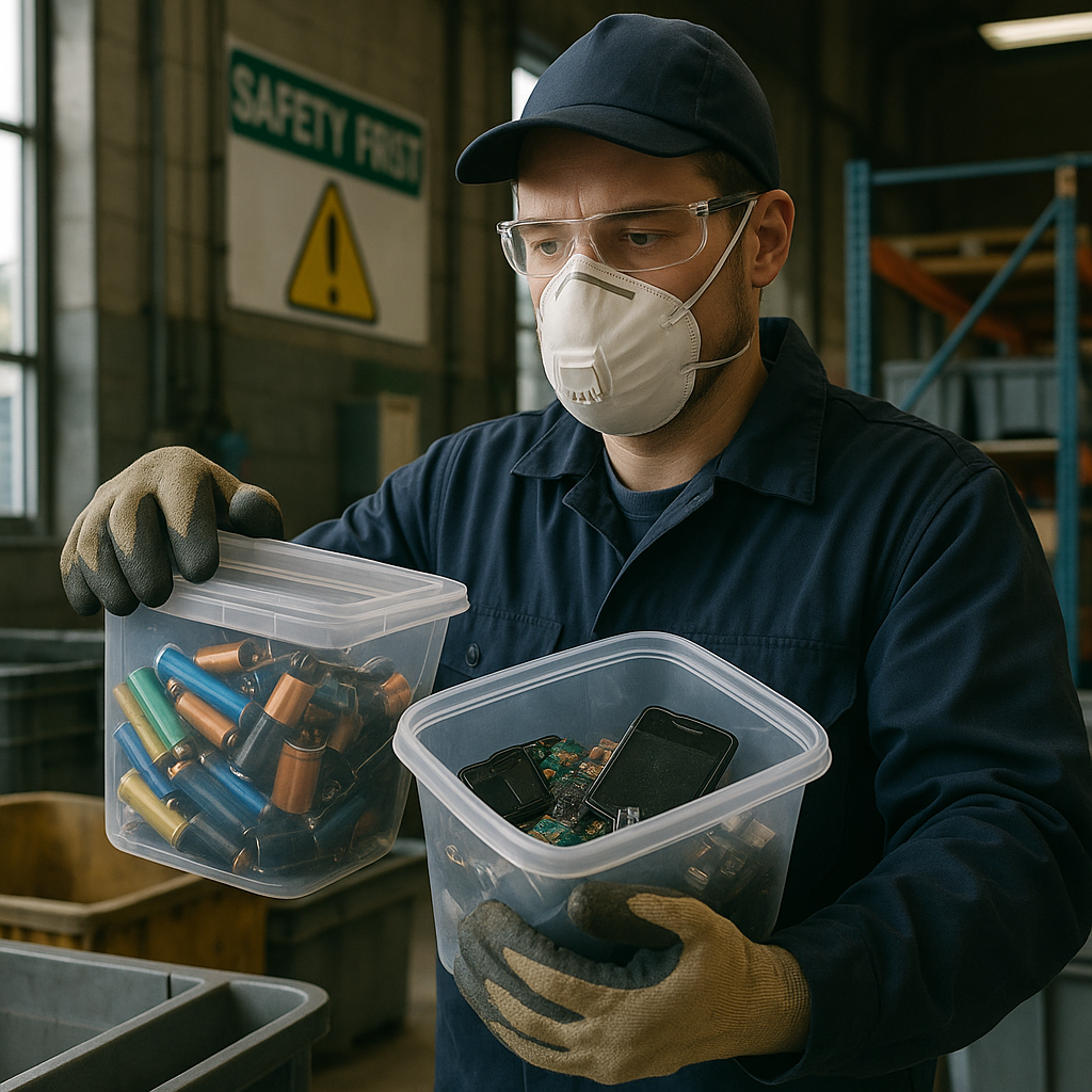 Worker wearing gloves and mask handling sealed containers of old batteries and electronics in a recycling facility