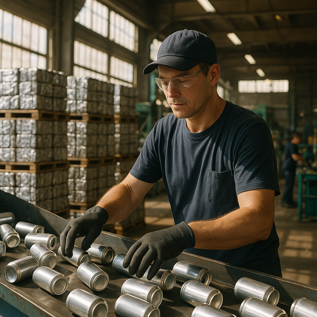 A worker sorting clean aluminum cans in a recycling facility with sunlight streaming through industrial windows.