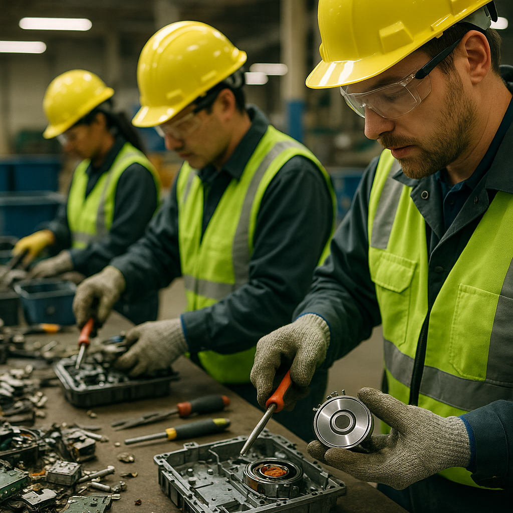 Dismantling Electronic Devices in Recycling Plant Workers in safety gear dismantling electronic devices and extracting shiny magnets in a modern recycling plant.