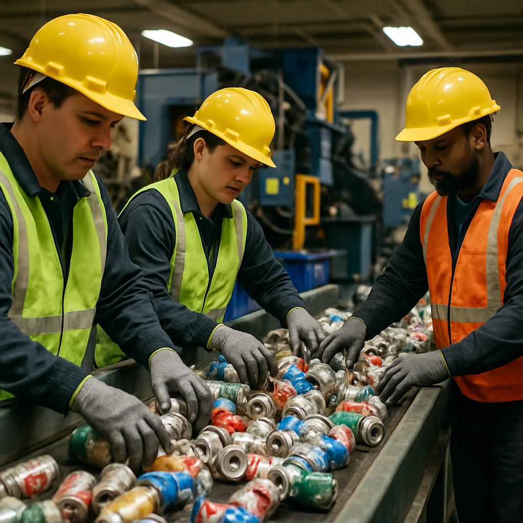 Workers sorting used aluminum cans on a conveyor belt in a bright recycling facility, with metal processing machines in the background.
