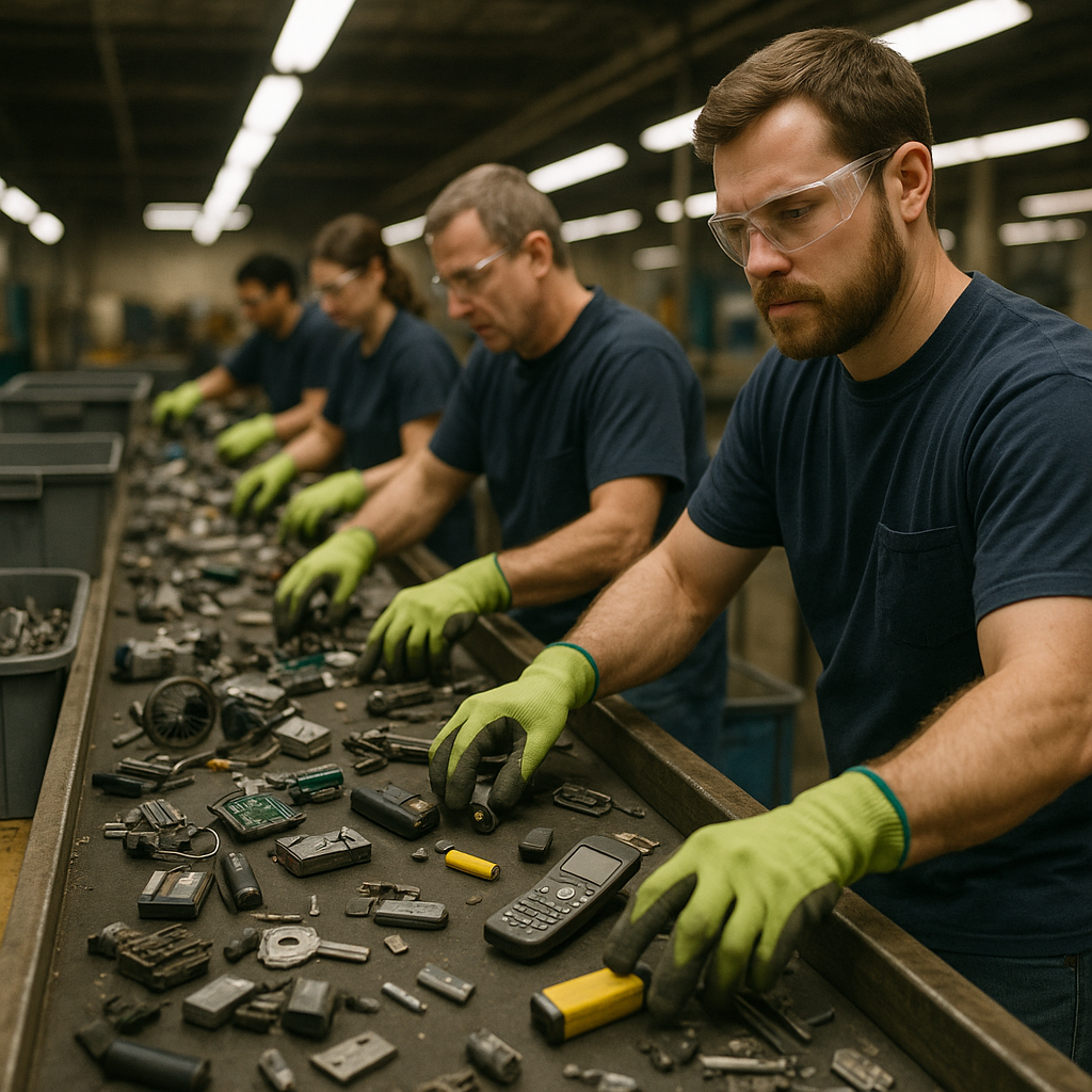 Sorting Electronics in Recycling Facility Close-up of workers sorting and handling various electronic devices, batteries, and metal scraps on a conveyor belt in a recycling facility.