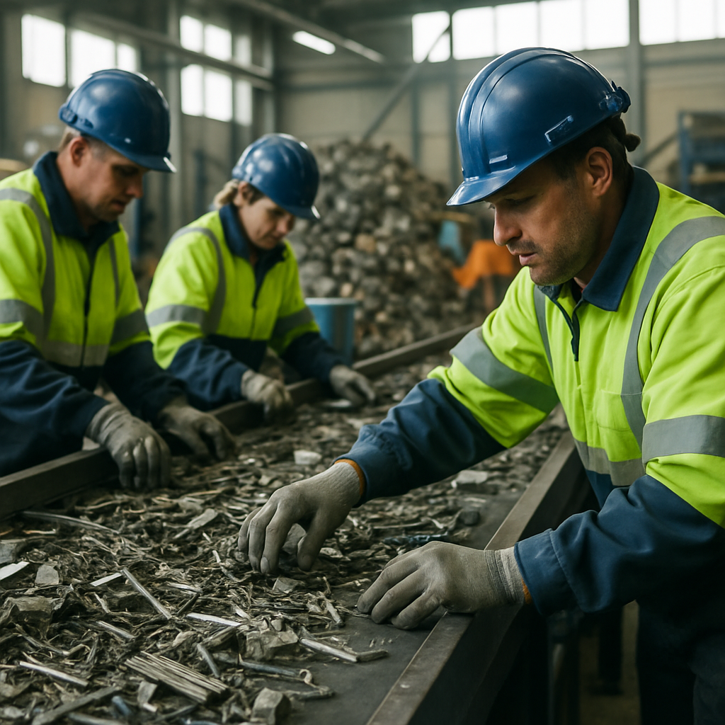 Workers Sorting Metal in Recycling Facility Workers wearing gloves sorting metal on a conveyor belt in a bright industrial recycling facility.