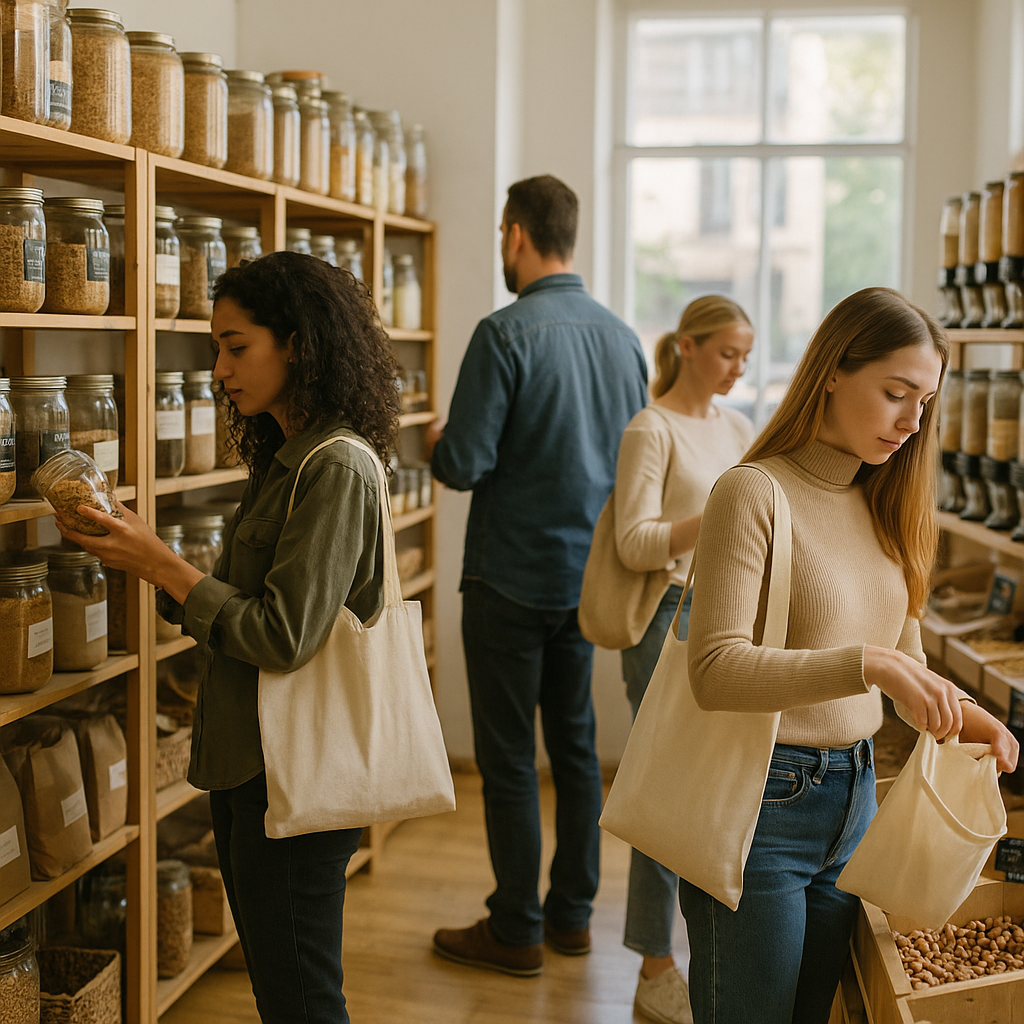 A zero-waste store with shelves stocked with reusable glass jars, paper bags, and cloth bags, featuring customers shopping sustainably under natural lighting.