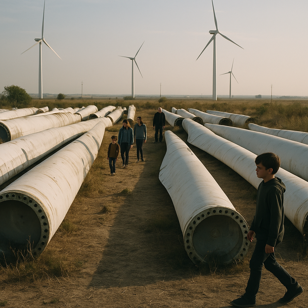 Abandoned Wind Turbine Blades in Field Wide shot of abandoned wind turbine blades in a field with local residents walking nearby, juxtaposed with clean wind turbines in the background, evoking a somber mood.