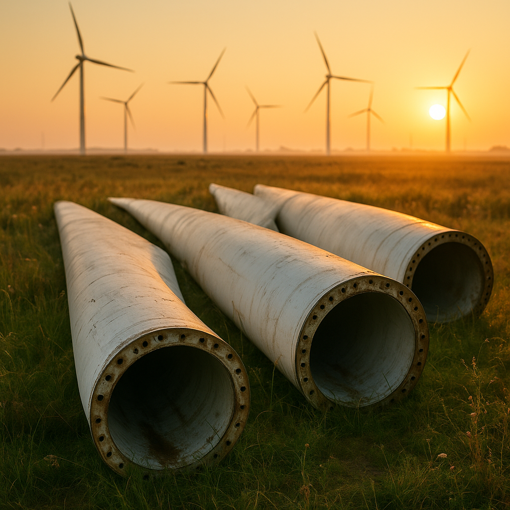 Abandoned wind turbine blades in a field with a wind farm in the distance during sunrise, symbolizing environmental challenges.