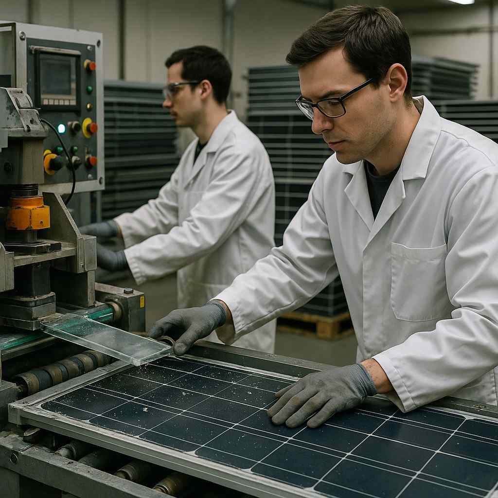 Workers in lab coats are processing solar panels on a factory machine in Dallas, TX
