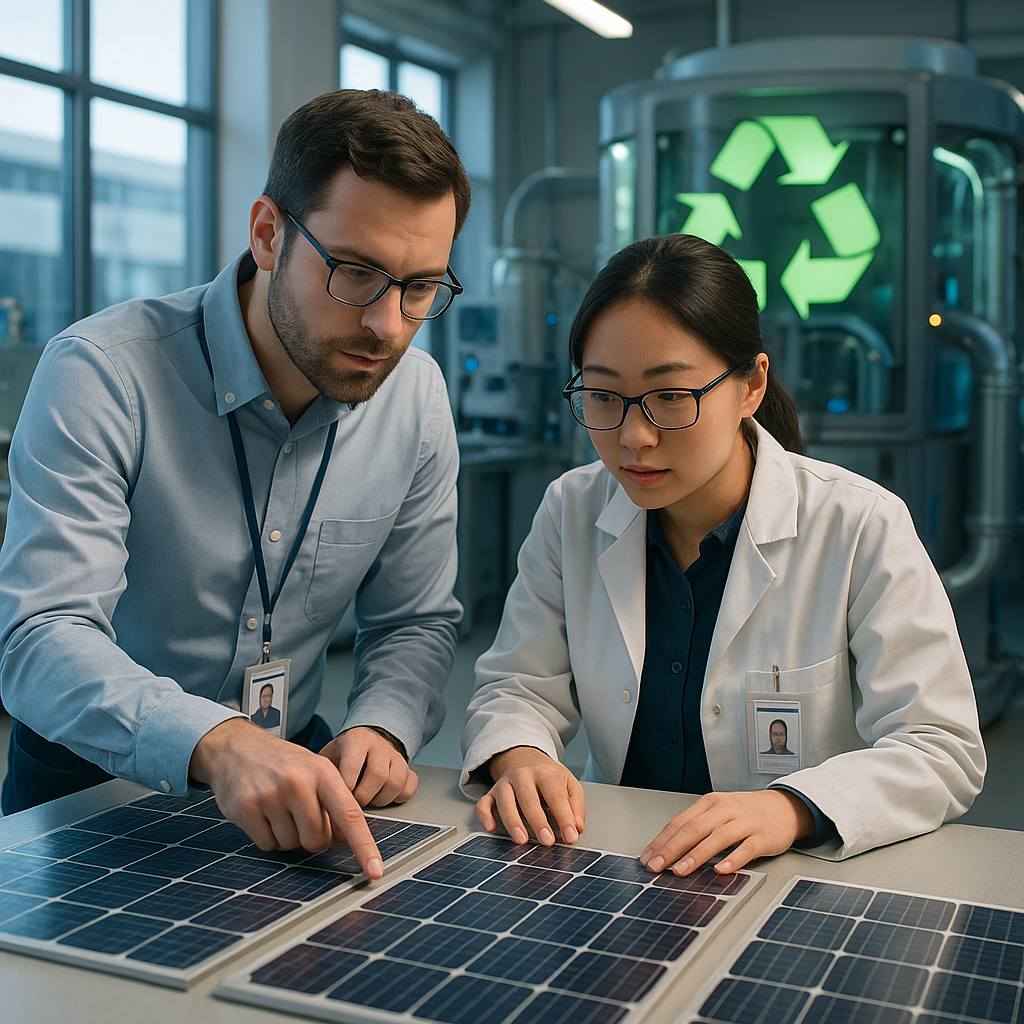 Engineers Examining Solar Panel Prototypes Engineers examining advanced solar panel prototypes in a bright lab with futuristic recycling technology in the background.