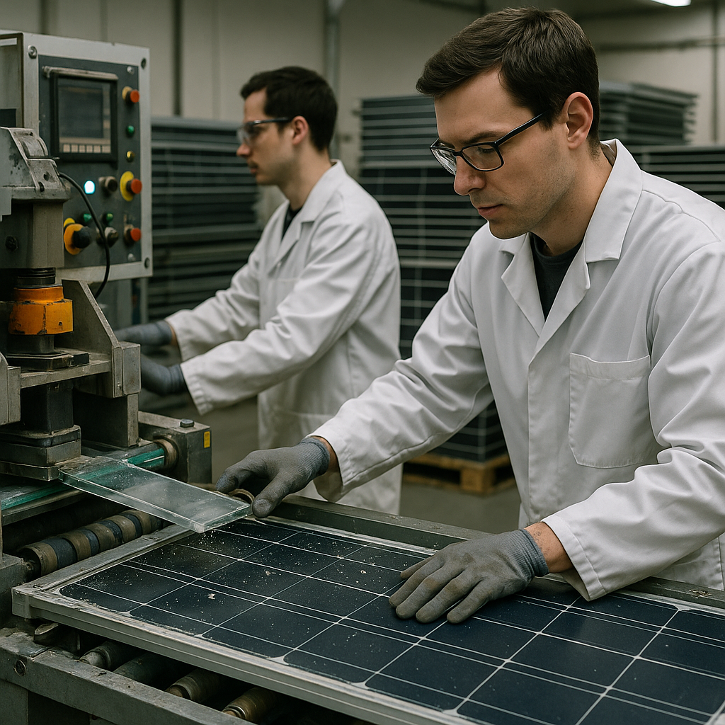 Technicians Operating Recycling Machinery for Solar Panels Technicians in lab coats operating advanced recycling machinery that separates layers of solar panels, focusing on glass, silicon, and metals.