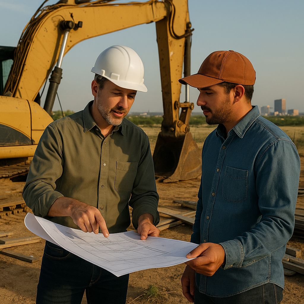 Construction Site Plans Discussion in Texas Advisor showing construction site plans to client in front of large yellow machinery with the Abilene skyline in the distance, Texas landscape.