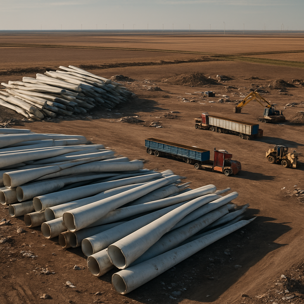 Aerial View of Landfill with Wind Turbine Blades Aerial view of a landfill in the Texas Panhandle, featuring wind turbine blades piled next to trucks and heavy equipment, with distant wind farms on the horizon.