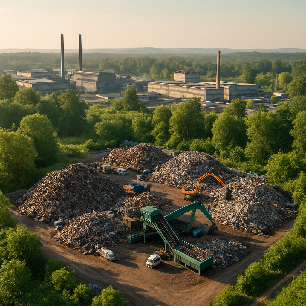 Aerial view of a recycling plant surrounded by greenery and clear skies, showcasing the balance between industry and nature.