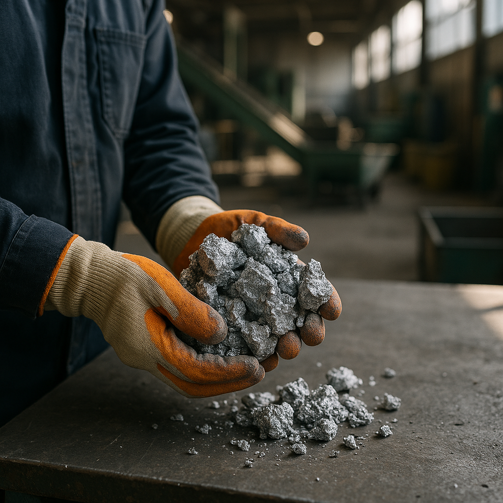 Close-up of silvery-gray aluminum dross pieces on an industrial workbench, with a worker holding a chunk while wearing safety gloves in a recycling plant background.
