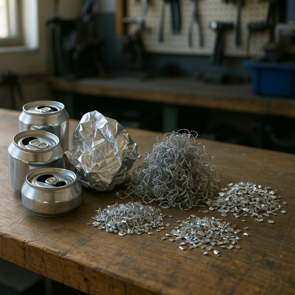 A variety of aluminum scrap types on a workshop table, including soda cans, foil, machine shavings, and metal chips, arranged for comparison in bright lighting.