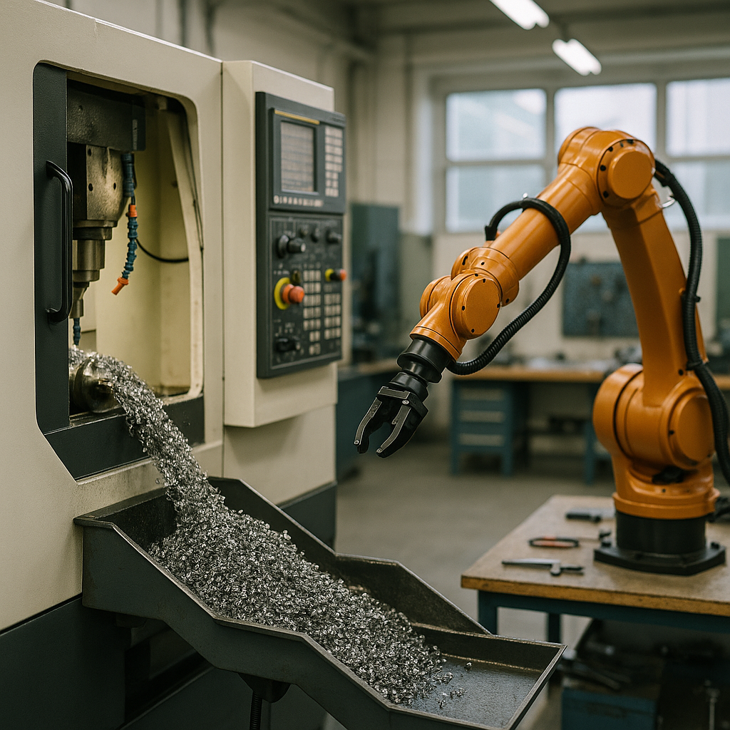 CNC Machine and Robotic Arm in Industrial Workshop Automated CNC machine depositing metal chips onto a conveyor belt with a robotic arm managing waste in a bright industrial workshop.